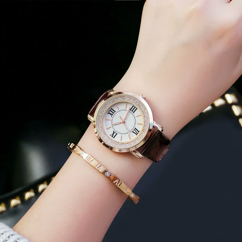 Female Student Fashion Quartz Watch With Rhinestones Alloy Case Genuine Leather Strap Round Dial - Image 6