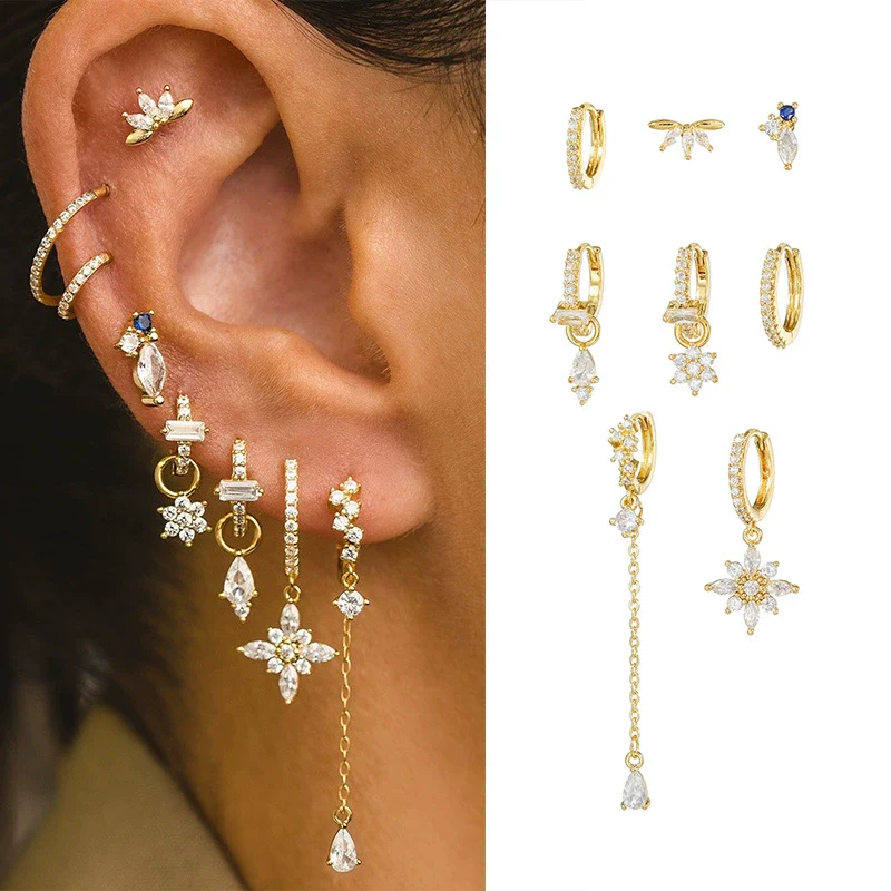 Flower Zircon Earrings Copper S925 Silver Needle 18K Plated Fashion Women's Earrings Set