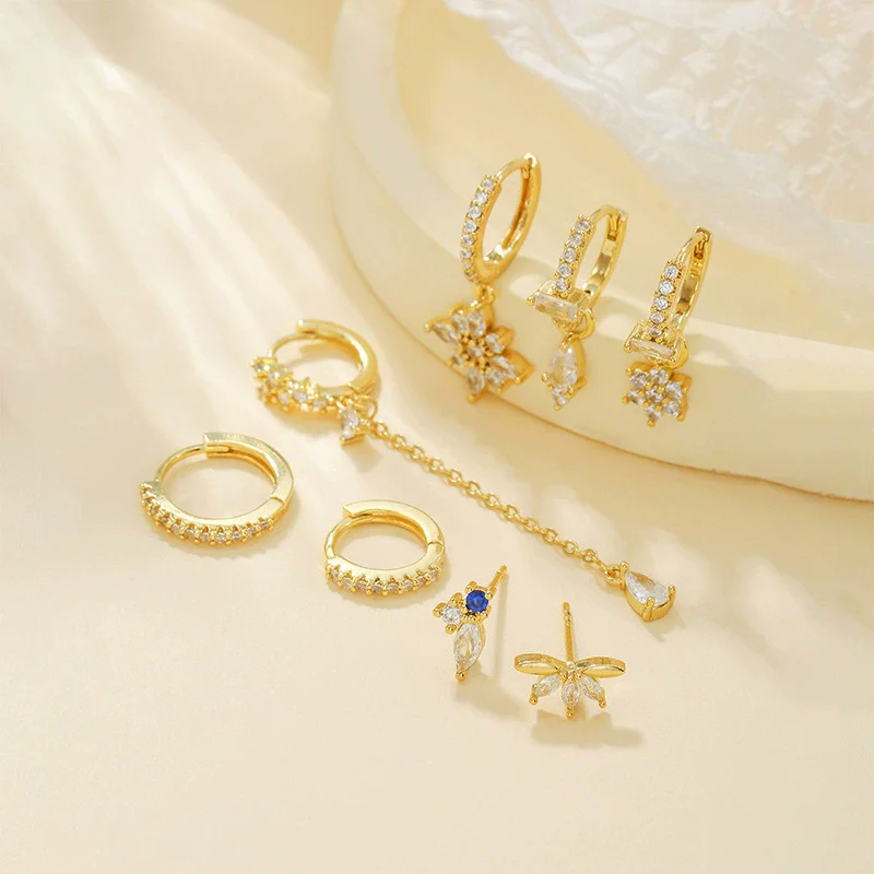 Flower Zircon Earrings Copper S925 Silver Needle 18K Plated Fashion Women's Earrings Set - Image 2