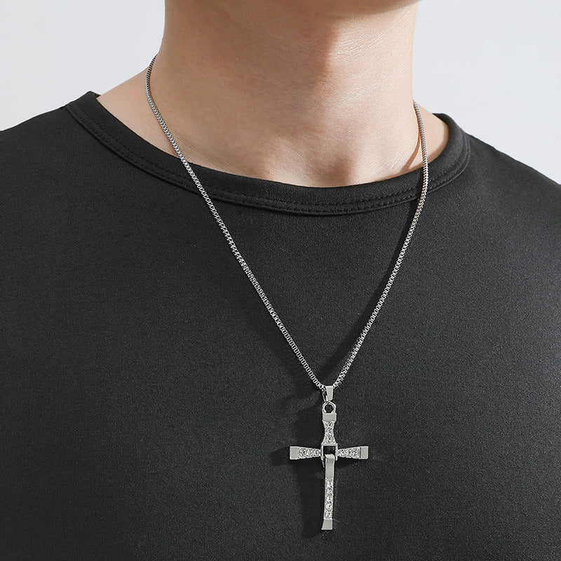 Foldable Movable Cross Pendant Necklace For Men Alloy With Diamond - Image 4