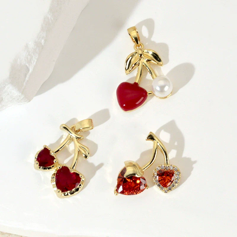 Fruit Cherry Strawberry Pendant Copper Micro Inlaid Zircon Electroplated Pendant For Bracelet Neckchain - Image 4