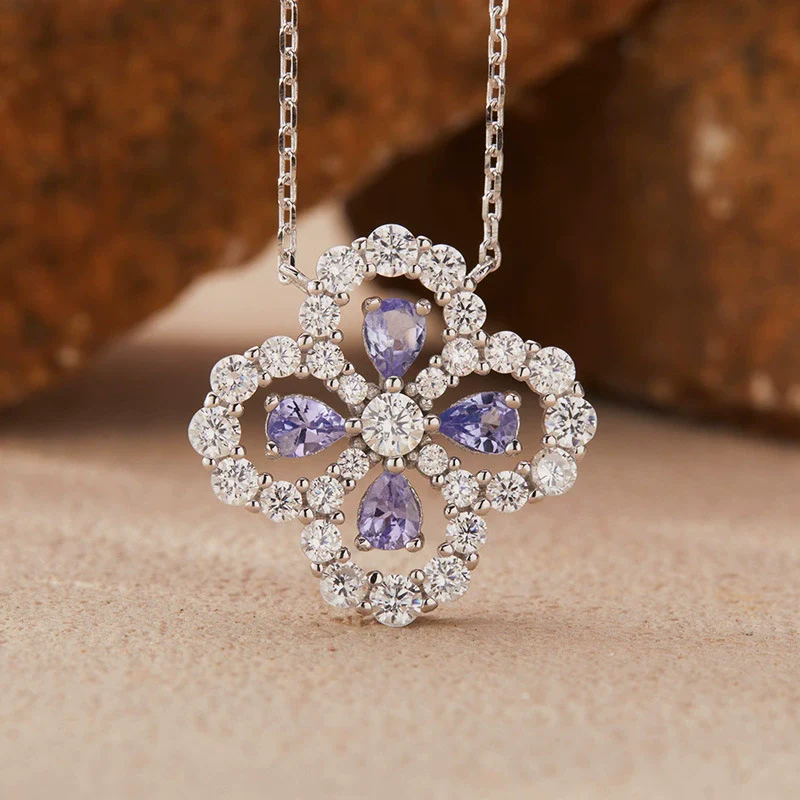 Gemstone Necklace For Women Natural Tanzanite Garnet Aquamarine Diopside Clover 225 Sterling Silver Clavicle Cross Chain Light Luxury Style - Image 4