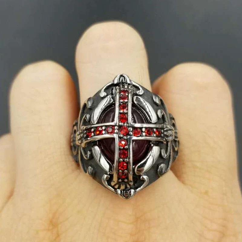 Gemstone Ring Stainless Steel Gothic Cross Men's And Women's Ring With Oil Treatment - Image 4