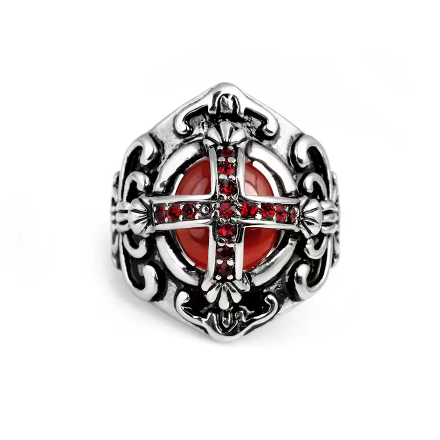 Gemstone Ring Stainless Steel Gothic Cross Men's And Women's Ring With Oil Treatment - Image 6