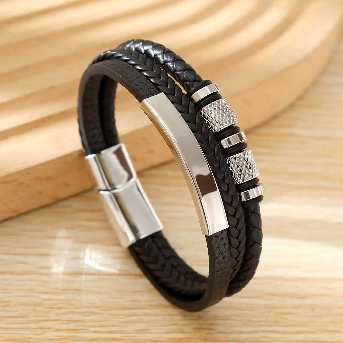 Geometric Multilayer Handwoven Leather Men's Alloy Magnet Buckle Bracelet - Image 6