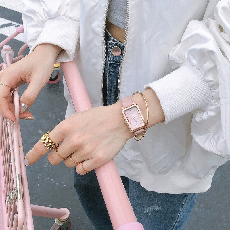 Girls' Casual Retro Leisure Square Watch With Alloy Case Stainless Steel Buckle And Imitation Leather Strap - Image 2