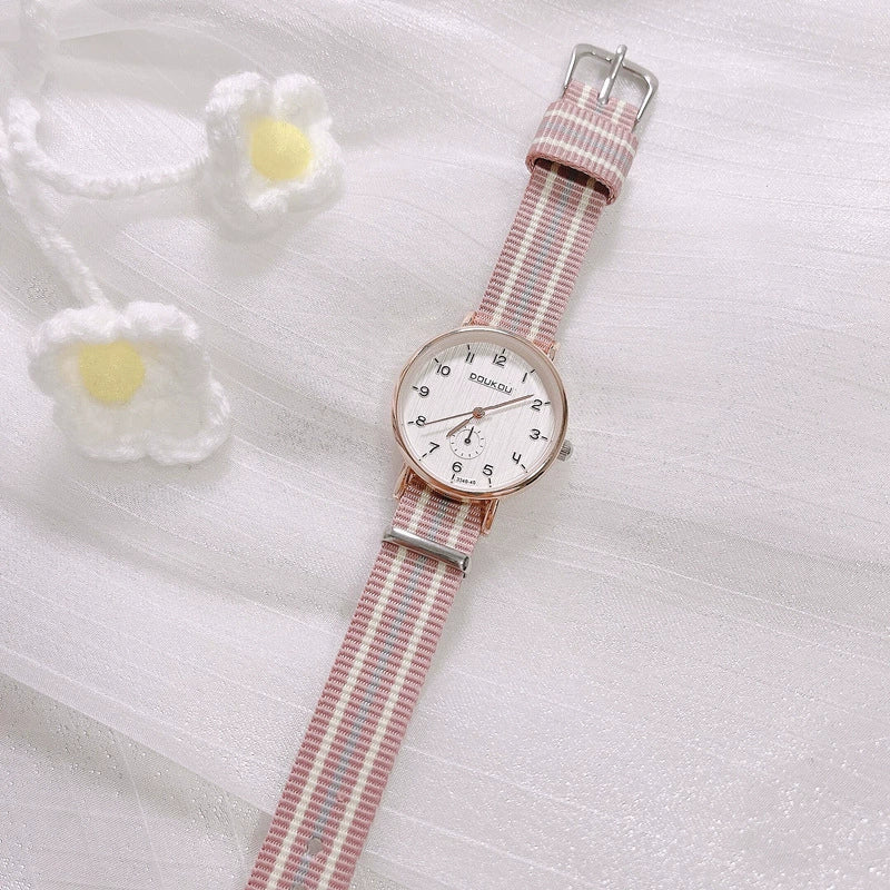 Girls Student Watch Alloy Case Pink Canvas Leisure Style