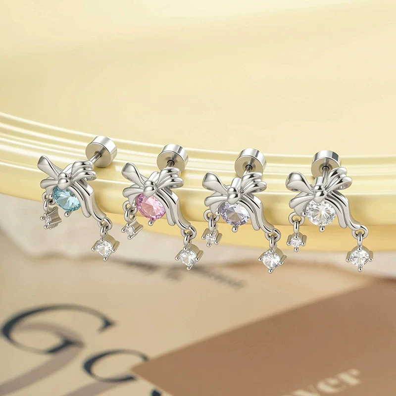 Girls' Titanium Steel Bow Pendant Earrings With Electroplating
