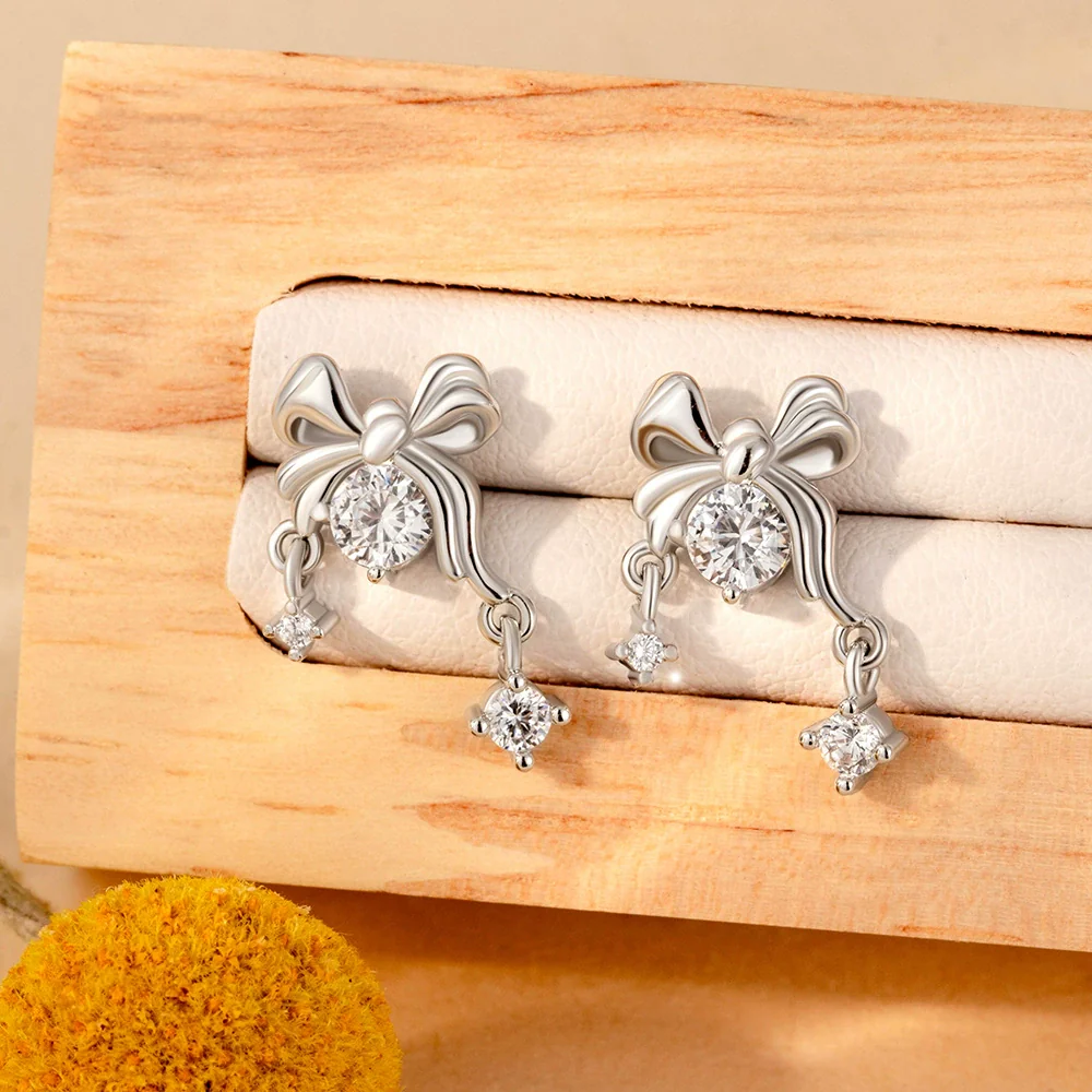 Girls' Titanium Steel Bow Pendant Earrings With Electroplating - Image 3