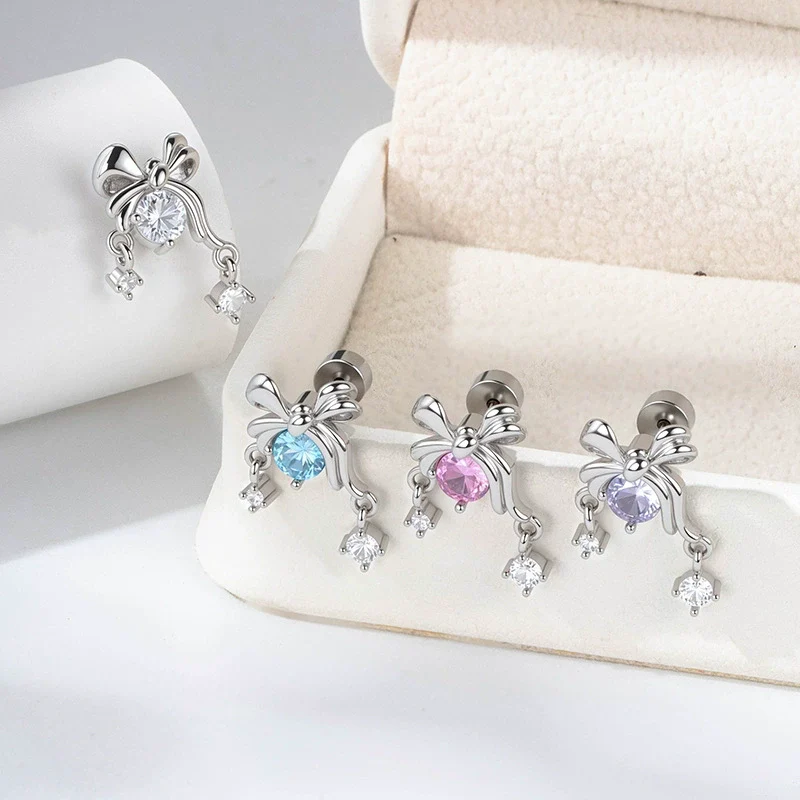 Girls' Titanium Steel Bow Pendant Earrings With Electroplating - Image 4