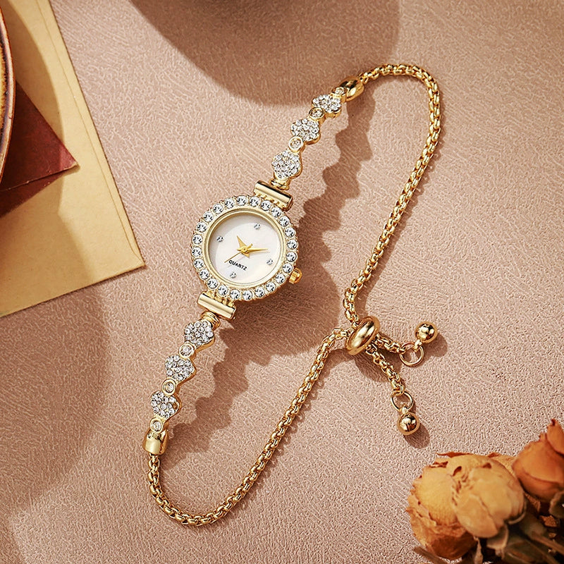 Girls Watch Alloy Gold Round Dial With Small Diamond Ins And Lazy Pullout Bracelet College Style - Image 3