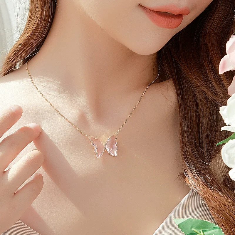 Glass Colored Glaze Butterfly Inlaid Zircon Cross Chain Necklace For Women Ins Style Animal Zodiac