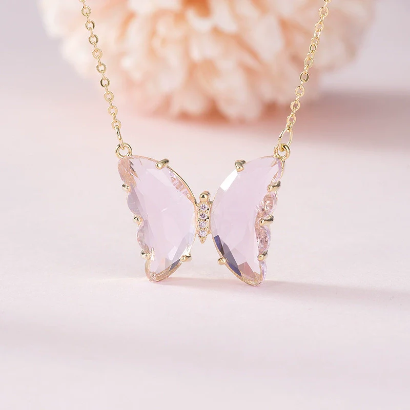 Glass Colored Glaze Butterfly Inlaid Zircon Cross Chain Necklace For Women Ins Style Animal Zodiac - Image 3