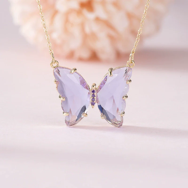 Glass Colored Glaze Butterfly Inlaid Zircon Cross Chain Necklace For Women Ins Style Animal Zodiac - Image 4