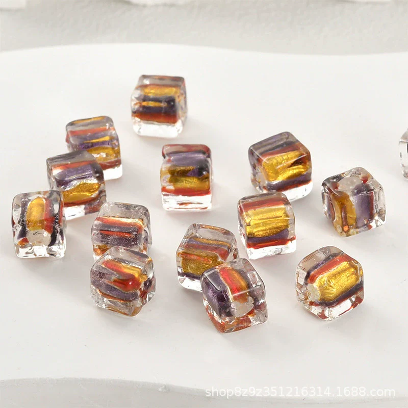 Glass Glazed Lampwork Square Colorful Contrast Striped Straight Hole Beads Uv Plated Diy Handmade Jewelry Material - Image 11