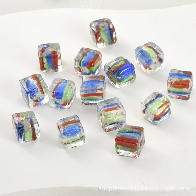 Glass Glazed Lampwork Square Colorful Contrast Striped Straight Hole Beads Uv Plated Diy Handmade Jewelry Material - Image 3