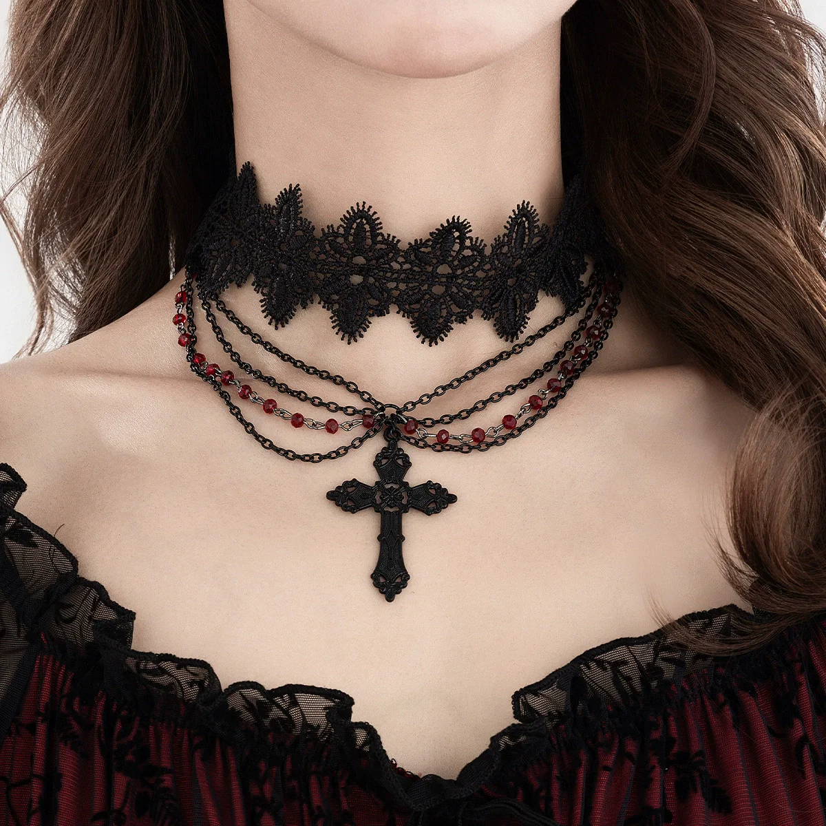 Gothic Dark Style Women's Alloy And Artificial Crystal Beaded Tassel Collar Necklace With Cross And Heart Shape Electroplated - Image 2
