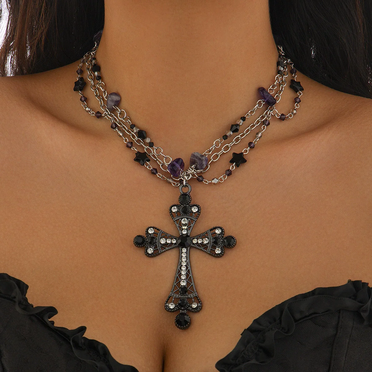 Gothic Dark Style Women's Alloy And Artificial Crystal Beaded Tassel Collar Necklace With Cross And Heart Shape Electroplated - Image 4