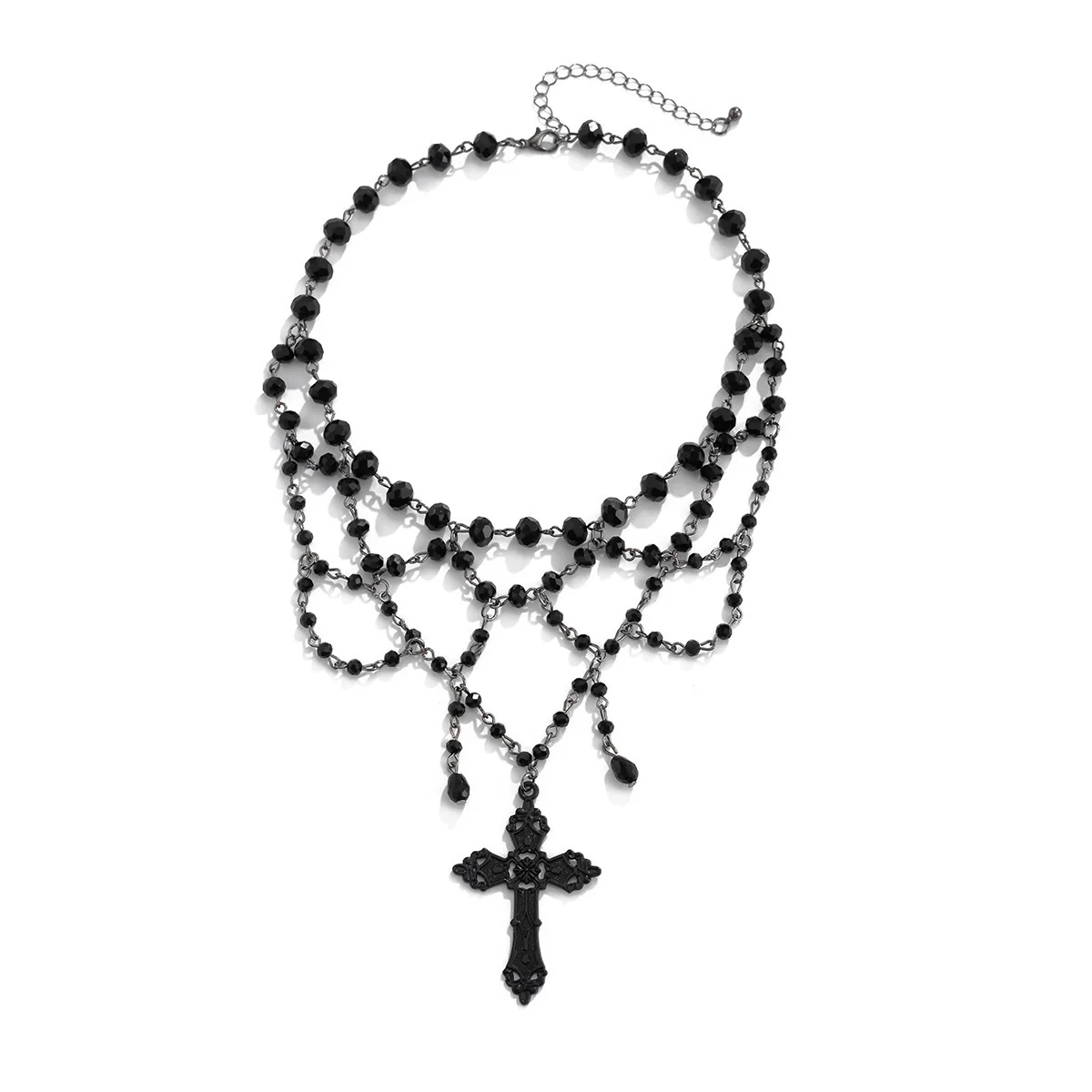 Gothic Dark Style Women's Alloy And Artificial Crystal Beaded Tassel Collar Necklace With Cross And Heart Shape Electroplated - Image 5