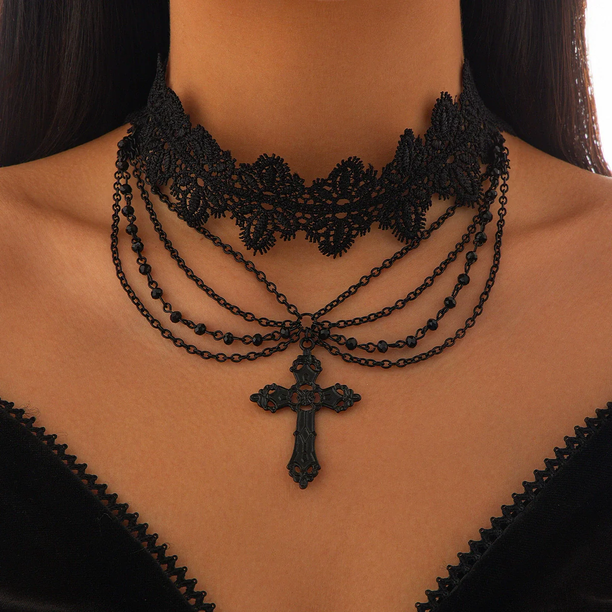 Gothic Dark Style Women's Alloy And Artificial Crystal Beaded Tassel Collar Necklace With Cross And Heart Shape Electroplated - Image 9