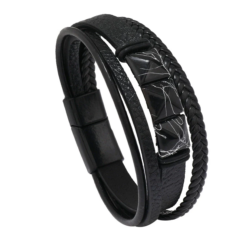 Gothic Style Magnetic Buckle Handwoven Leather Men's Bracelet With Geometric Pattern And Crack Gold Word - Image 5