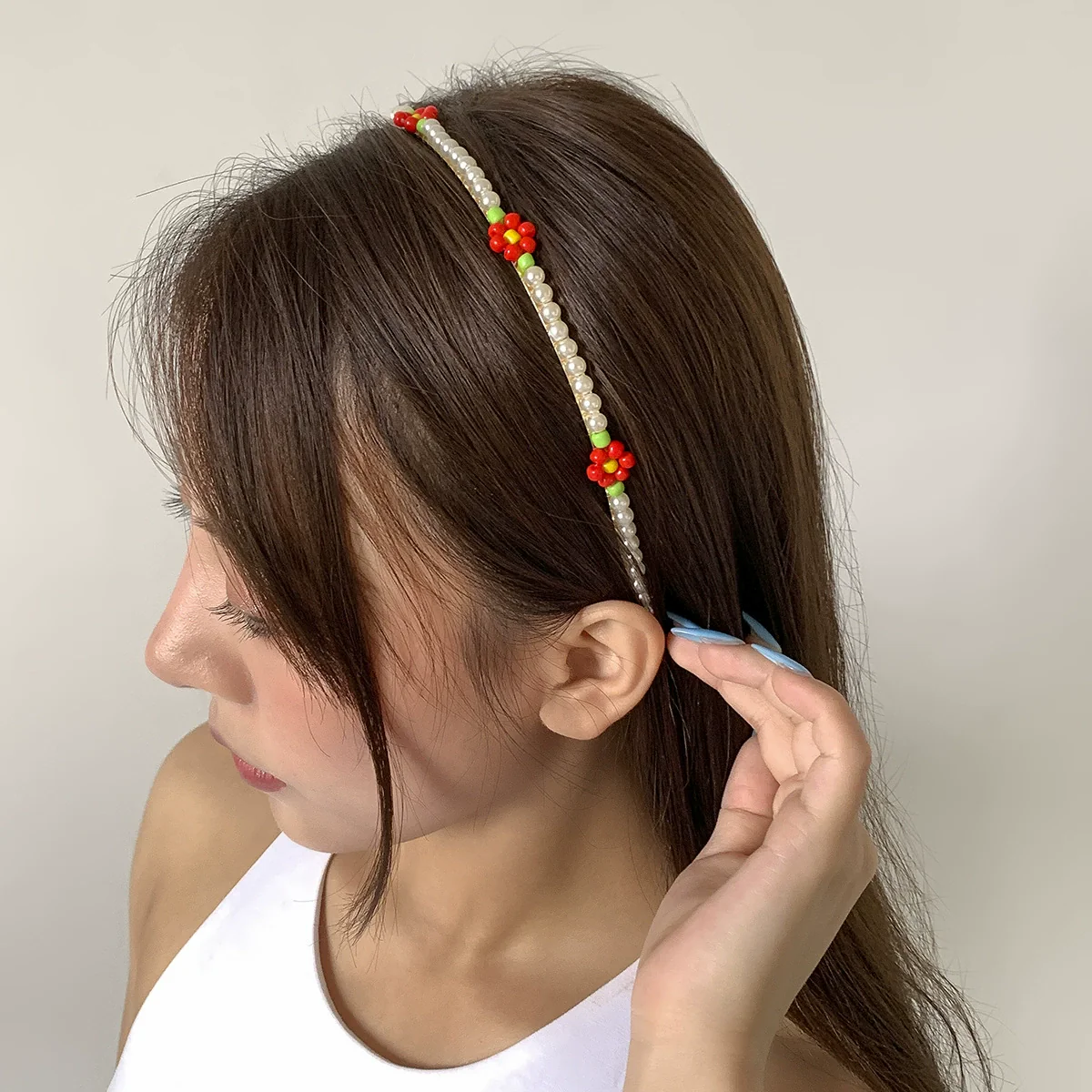 Hair Hoop Metal Daisy Flower Rice Bead Imitation Pearl Pastoral Style Geometric Hair Accessories