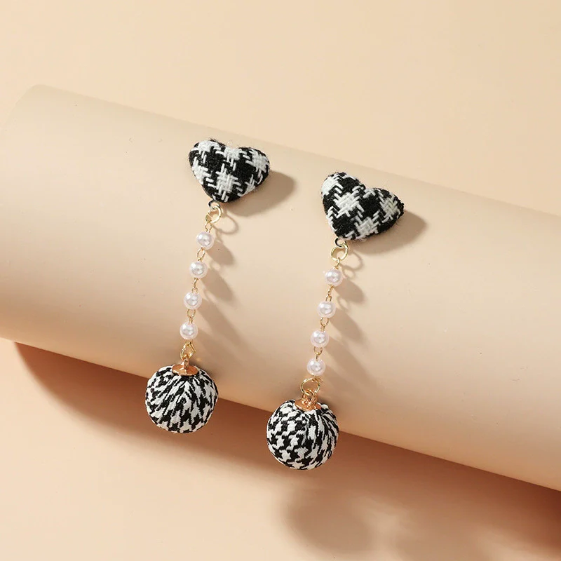 Handmade Alloy And Fabric Plaid Love Ball Pendant Earrings - Image 2