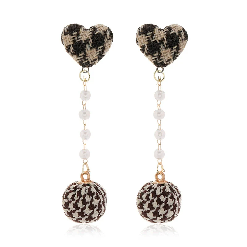 Handmade Alloy And Fabric Plaid Love Ball Pendant Earrings - Image 5