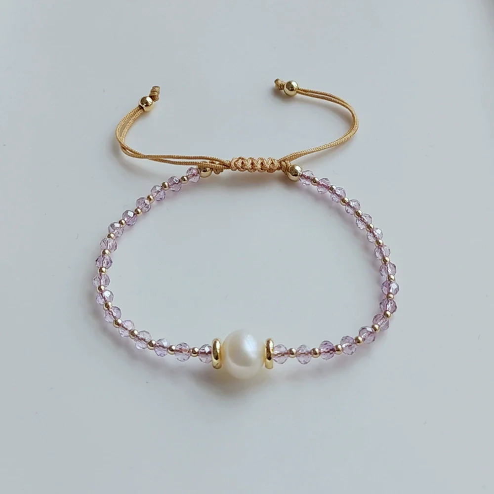 Handmade Beaded Facet Crystal And Natural Freshwater Pearl Women's Bracelet With Geometric Pattern And Handwoven Design - Image 4