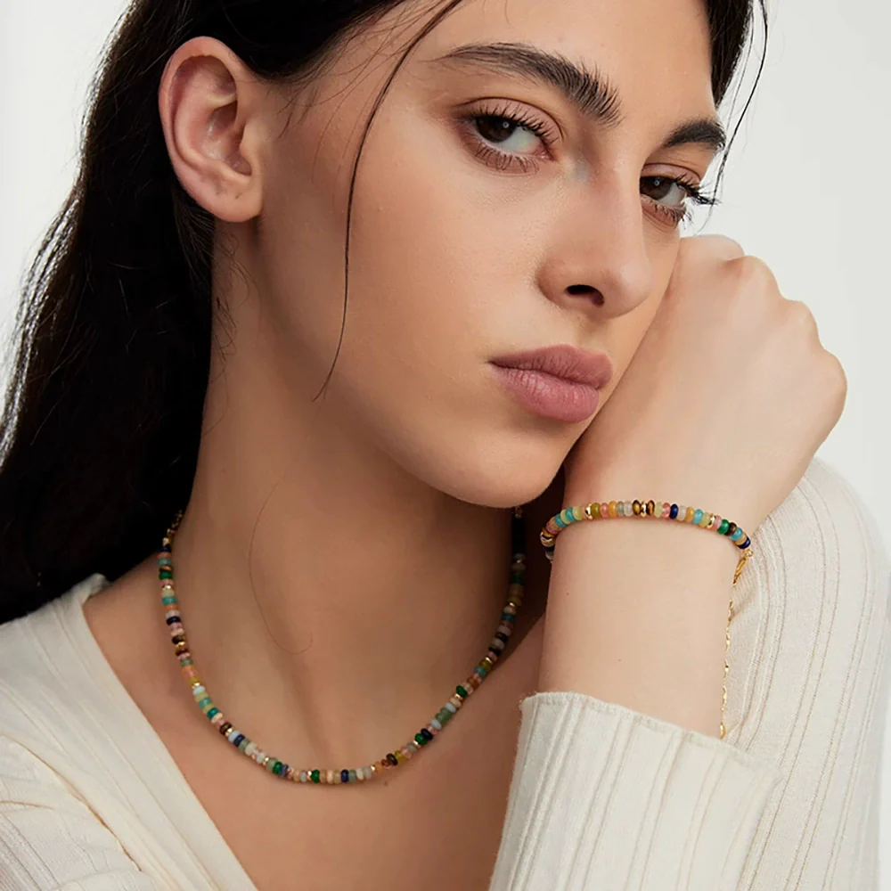 Handmade Beaded Multicolor Natural Stone Bracelet And Necklace Set With Stars Sun Moon Clouds Universe Pattern For Women