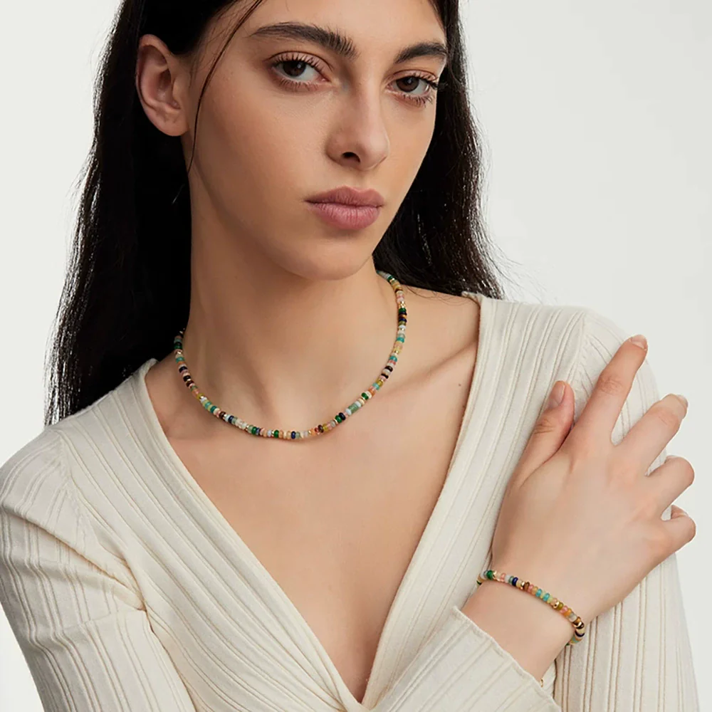 Handmade Beaded Multicolor Natural Stone Bracelet And Necklace Set With Stars Sun Moon Clouds Universe Pattern For Women - Image 2