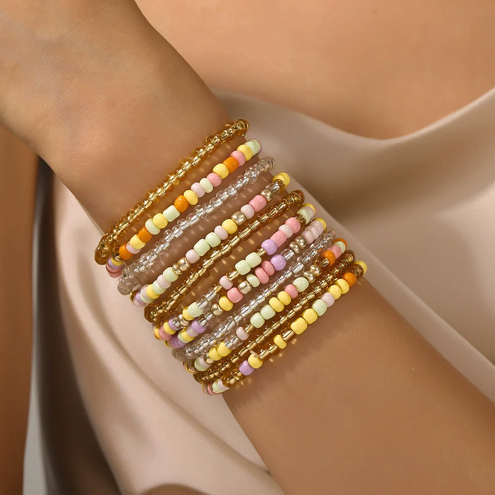 Handmade Bohemian Style Geometric Glass Rice Beads Multilayer Elastic Bracelet For Women