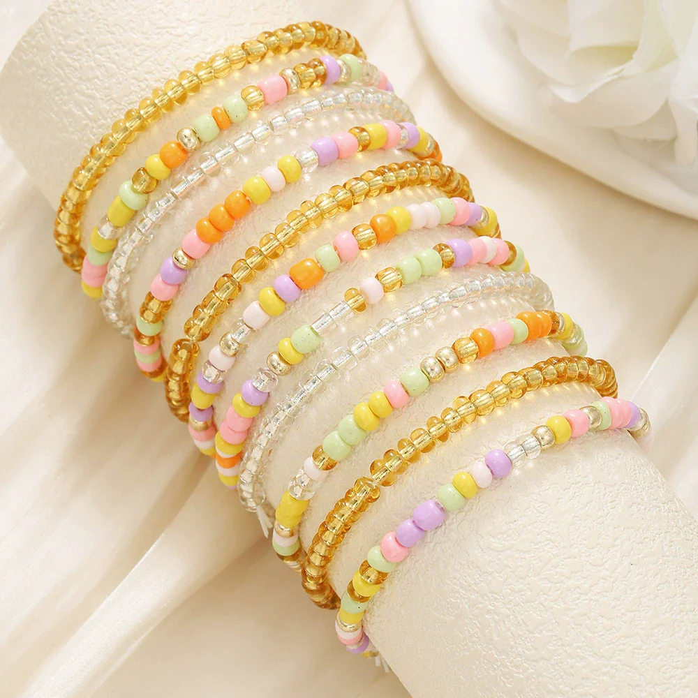 Handmade Bohemian Style Geometric Glass Rice Beads Multilayer Elastic Bracelet For Women - Image 2