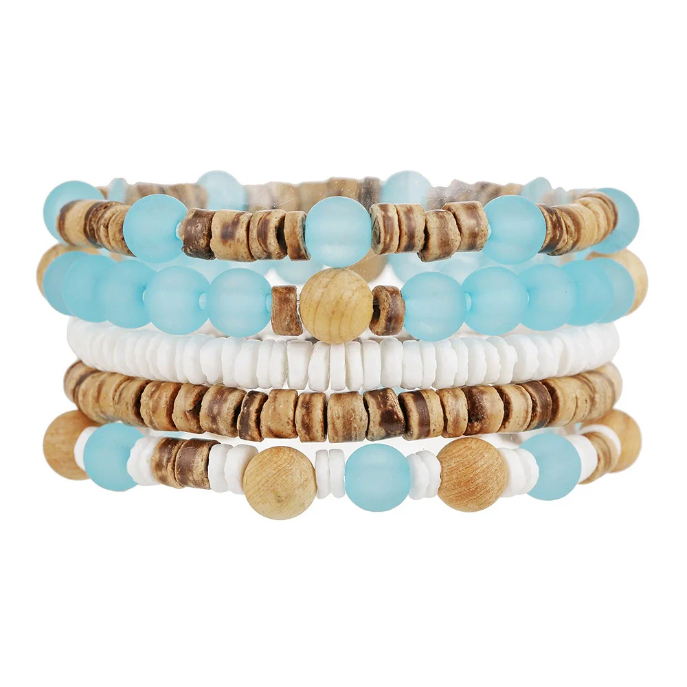 Handmade Bohemian Style Multilayer Stacked Bracelet With Wooden Beads And Crushed Shells For Unisex