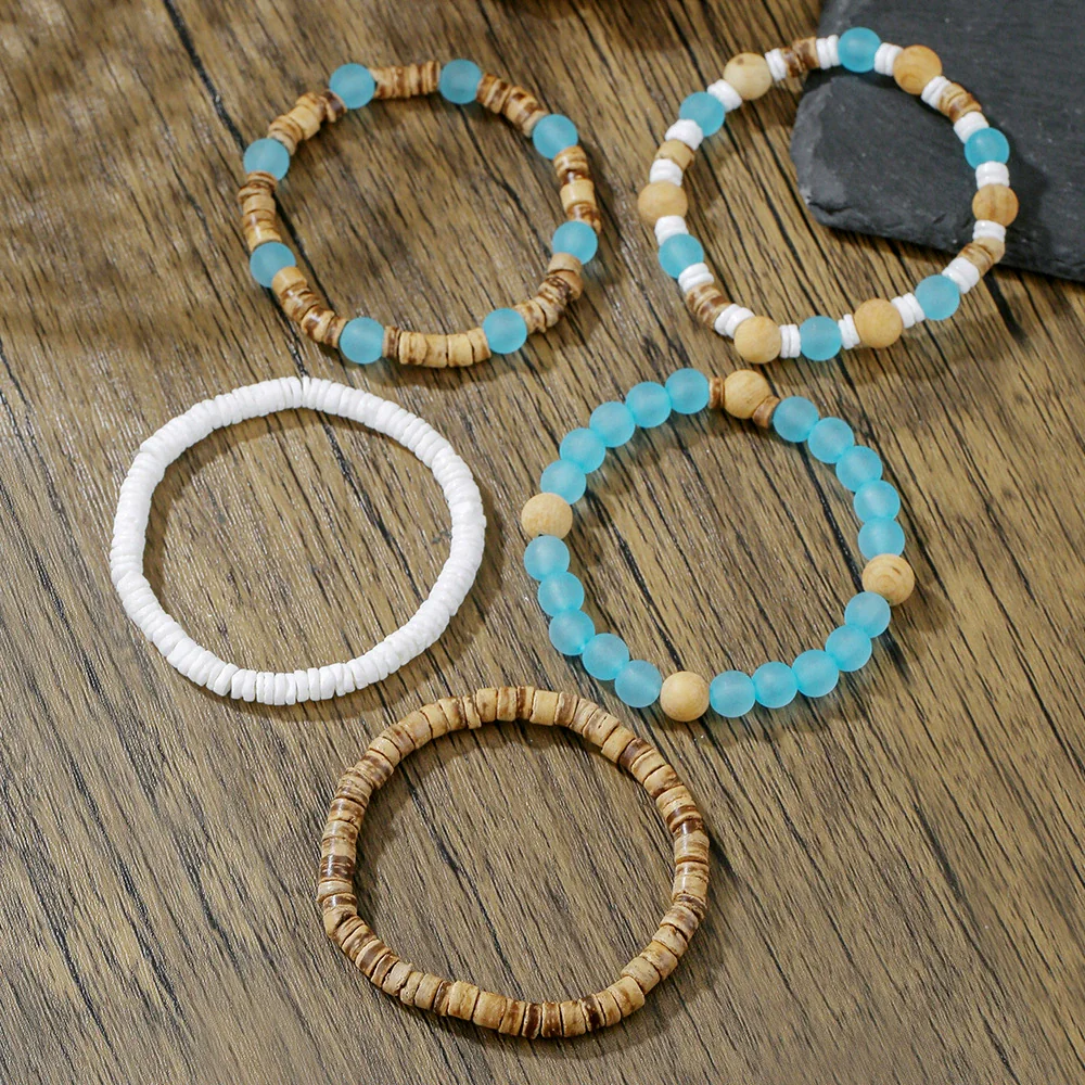 Handmade Bohemian Style Multilayer Stacked Bracelet With Wooden Beads And Crushed Shells For Unisex - Image 2
