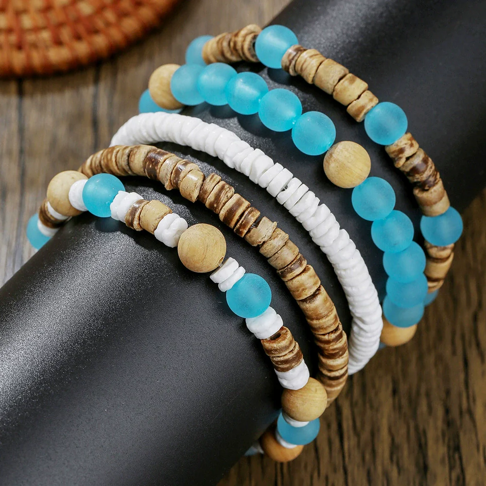 Handmade Bohemian Style Multilayer Stacked Bracelet With Wooden Beads And Crushed Shells For Unisex - Image 3
