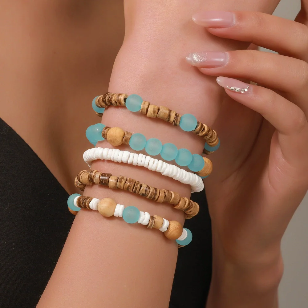 Handmade Bohemian Style Multilayer Stacked Bracelet With Wooden Beads And Crushed Shells For Unisex - Image 4