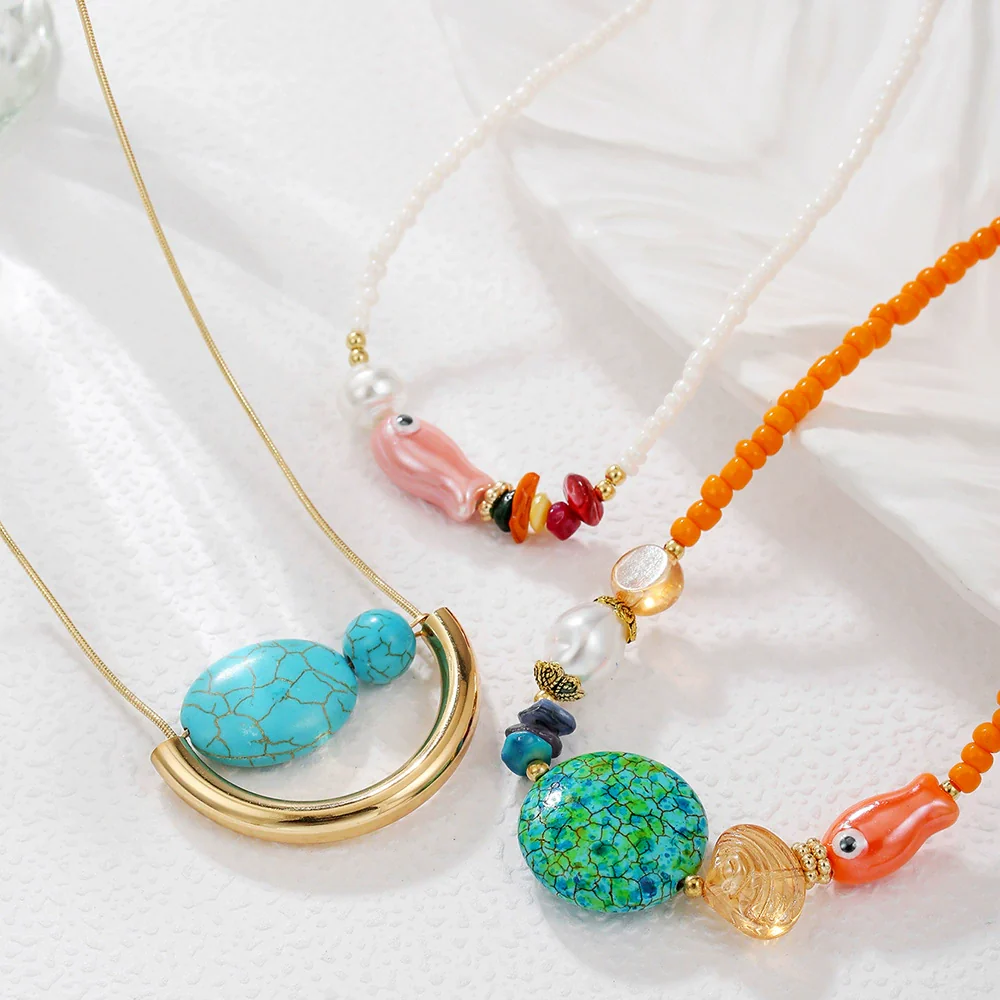 Handmade Ceramic Rice Beads Stone Alloy Acrylic Geometric Fish Bead O Word Chain Clavicle Necklace For Unisex