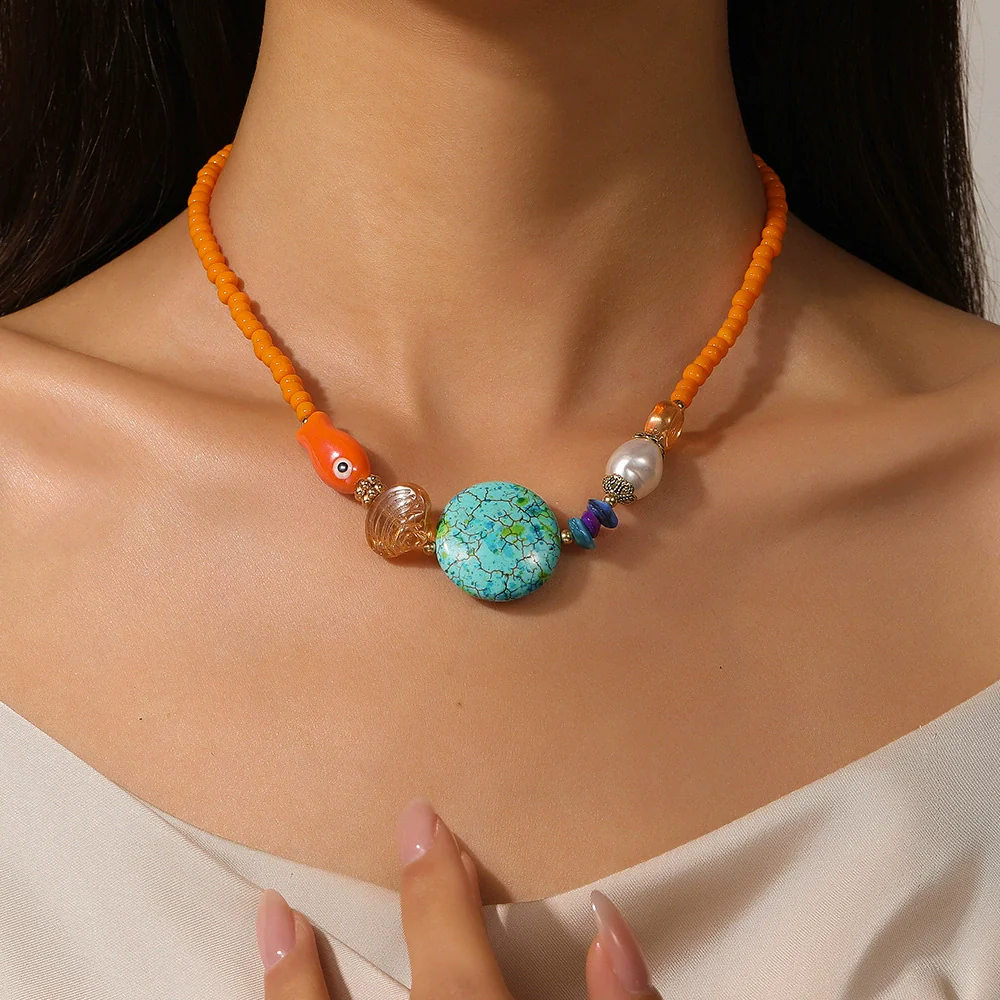 Handmade Ceramic Rice Beads Stone Alloy Acrylic Geometric Fish Bead O Word Chain Clavicle Necklace For Unisex - Image 2