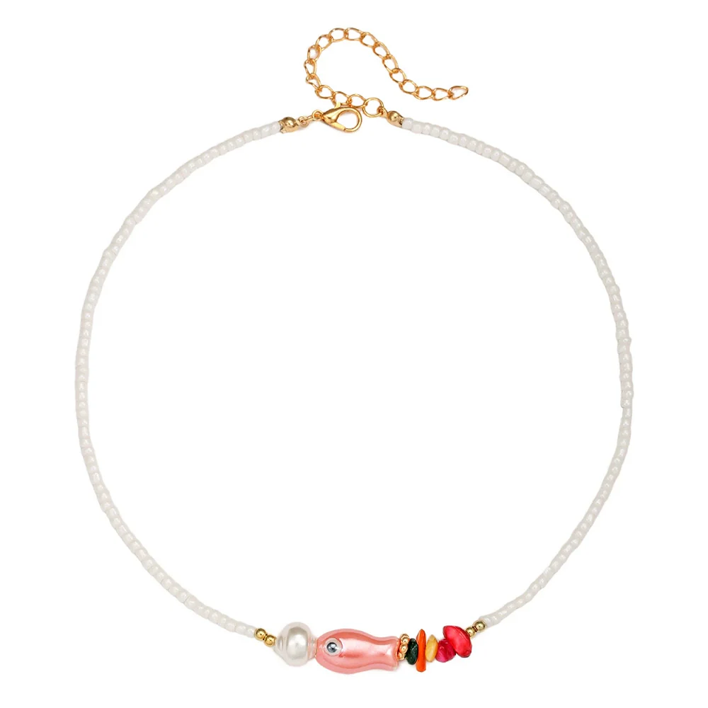 Handmade Ceramic Rice Beads Stone Alloy Acrylic Geometric Fish Bead O Word Chain Clavicle Necklace For Unisex - Image 3