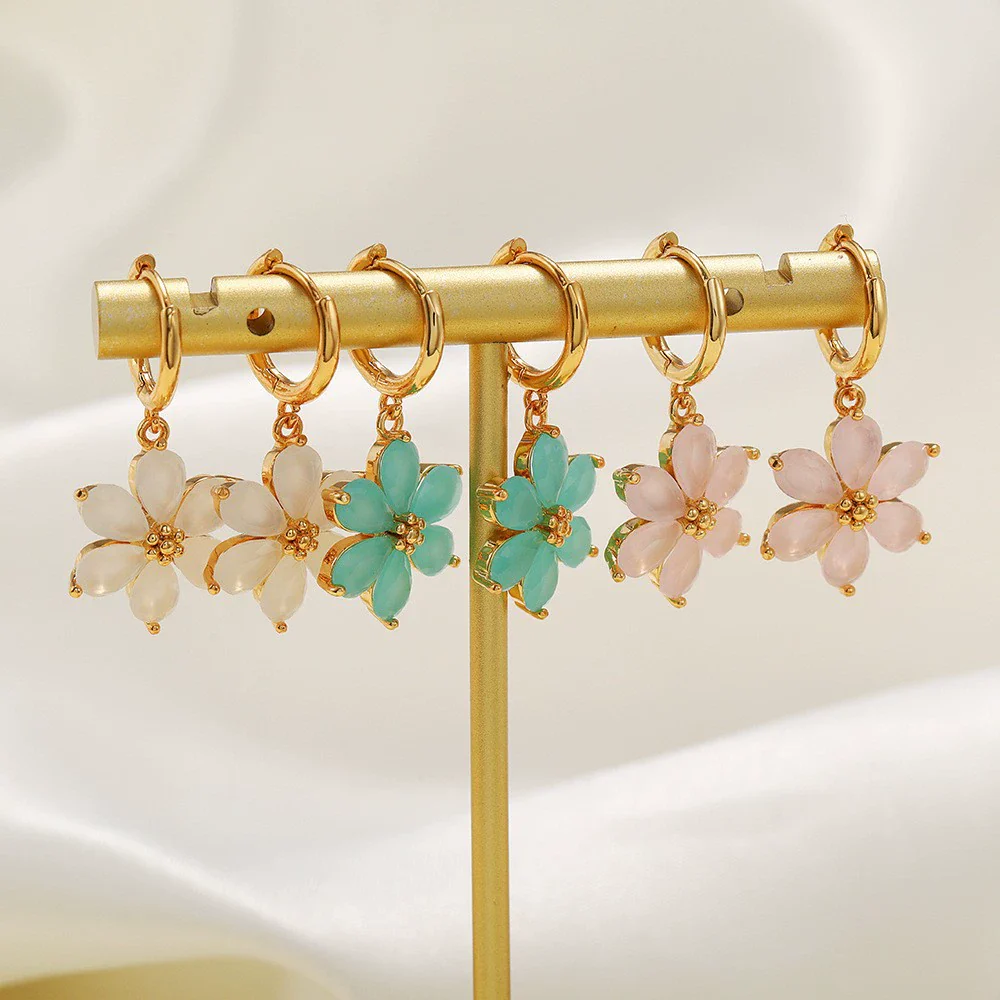 Handmade Copper Women's Flower Earrings With Real Gold Plating And Zirconium Accents