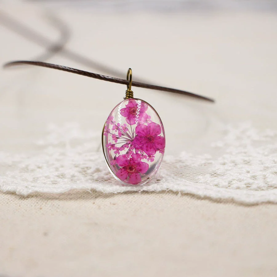 Handmade Dried Flower Necklace With Crystal Real Flower Pattern Organic Glass Pendant And Rope Chain Natural Style - Image 12