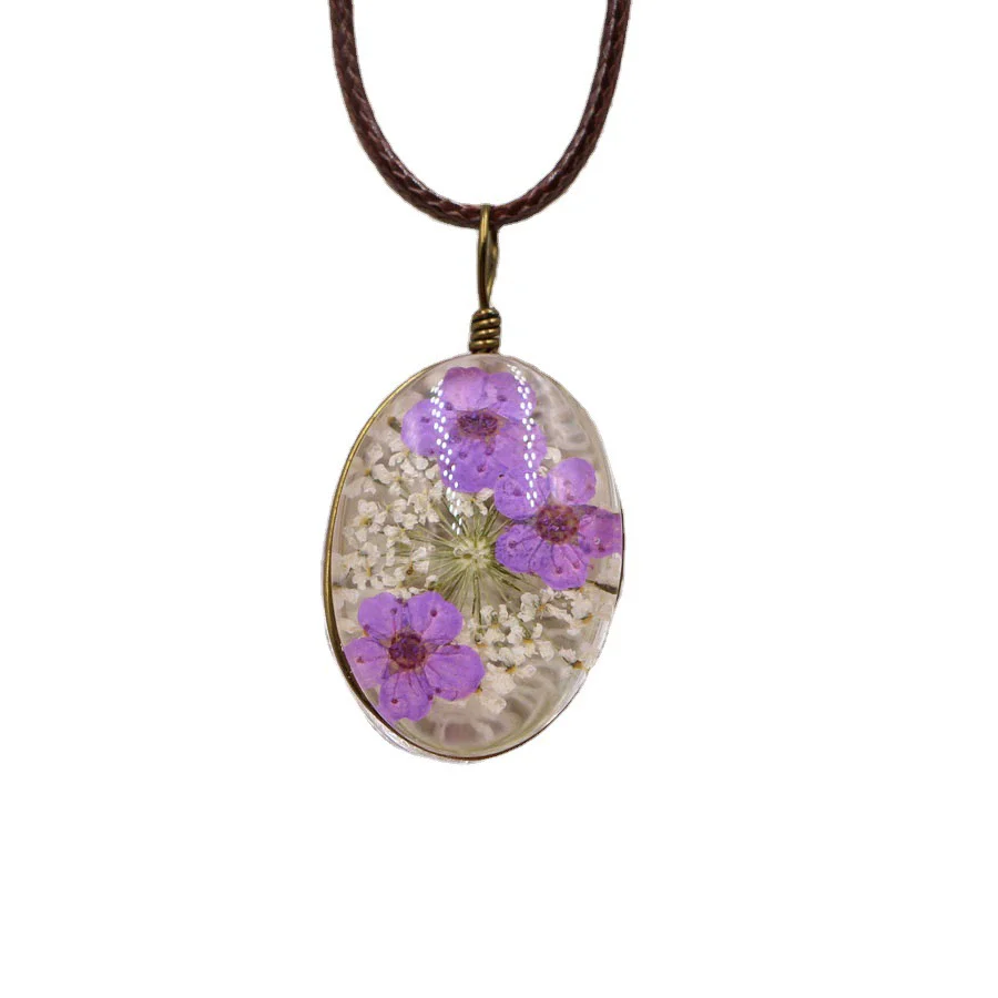 Handmade Dried Flower Necklace With Crystal Real Flower Pattern Organic Glass Pendant And Rope Chain Natural Style - Image 5