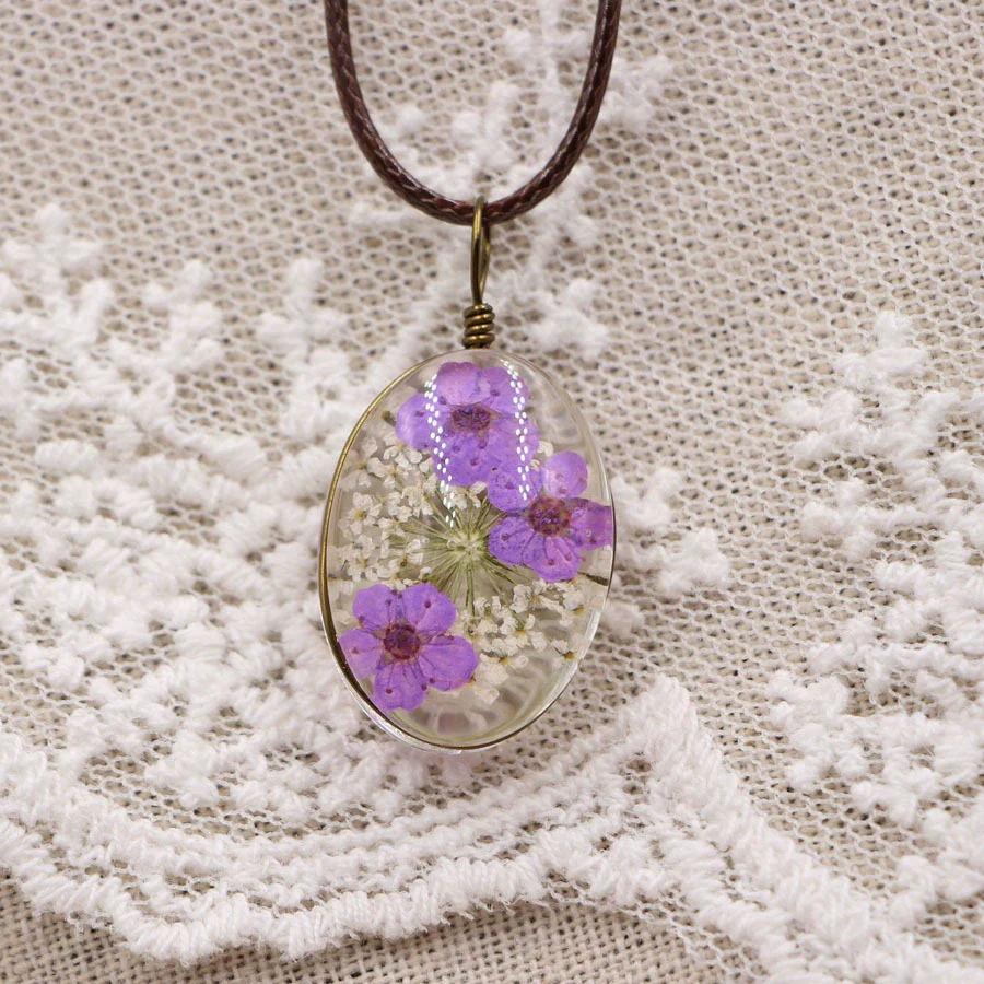 Handmade Dried Flower Necklace With Crystal Real Flower Pattern Organic Glass Pendant And Rope Chain Natural Style - Image 6