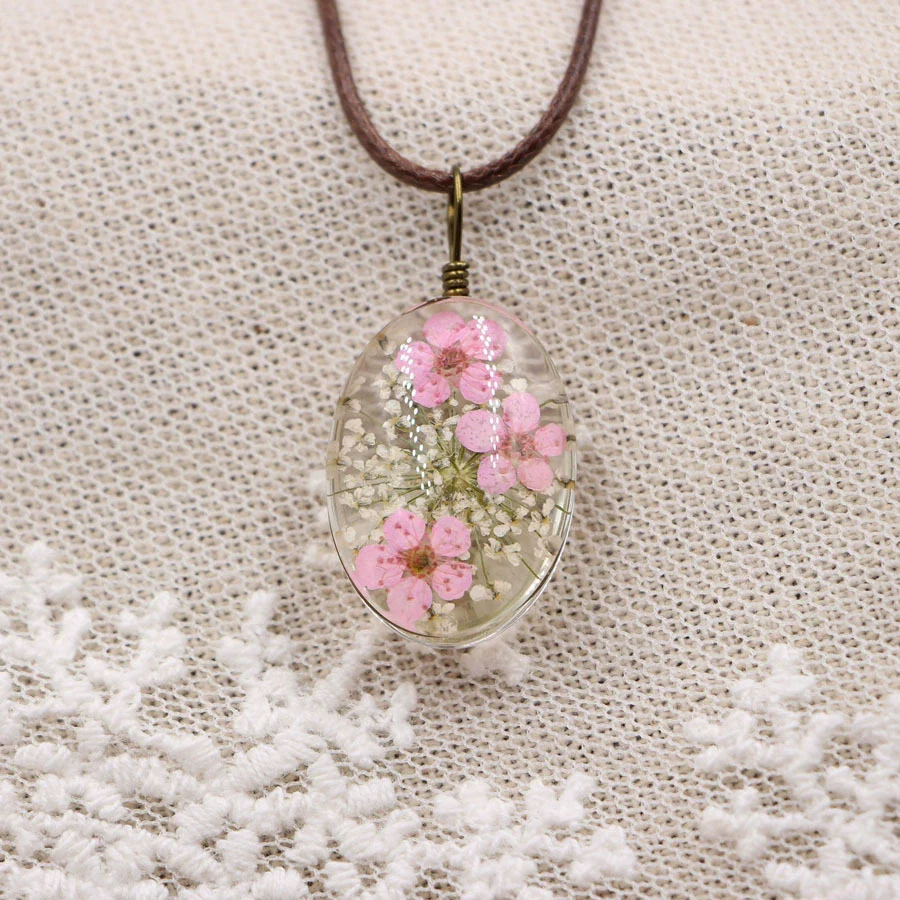Handmade Dried Flower Necklace With Crystal Real Flower Pattern Organic Glass Pendant And Rope Chain Natural Style - Image 7