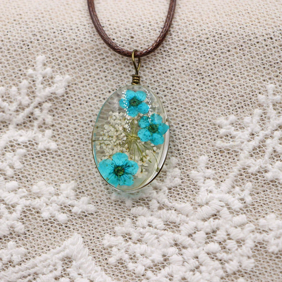 Handmade Dried Flower Necklace With Crystal Real Flower Pattern Organic Glass Pendant And Rope Chain Natural Style - Image 8