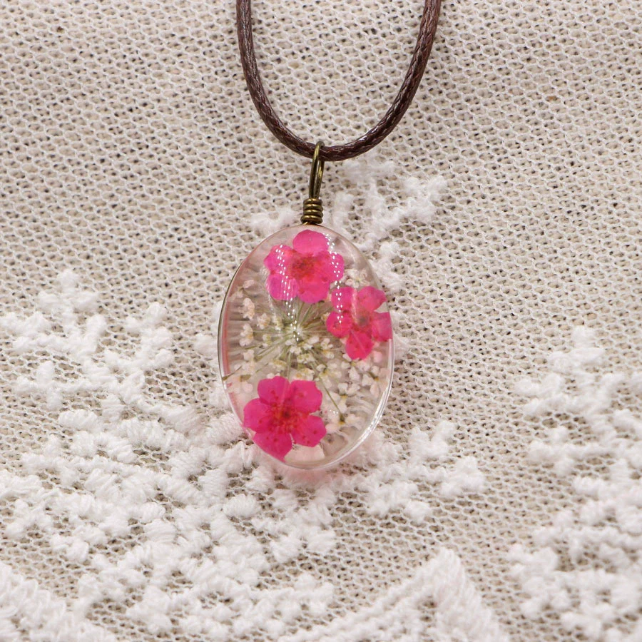 Handmade Dried Flower Necklace With Crystal Real Flower Pattern Organic Glass Pendant And Rope Chain Natural Style - Image 9