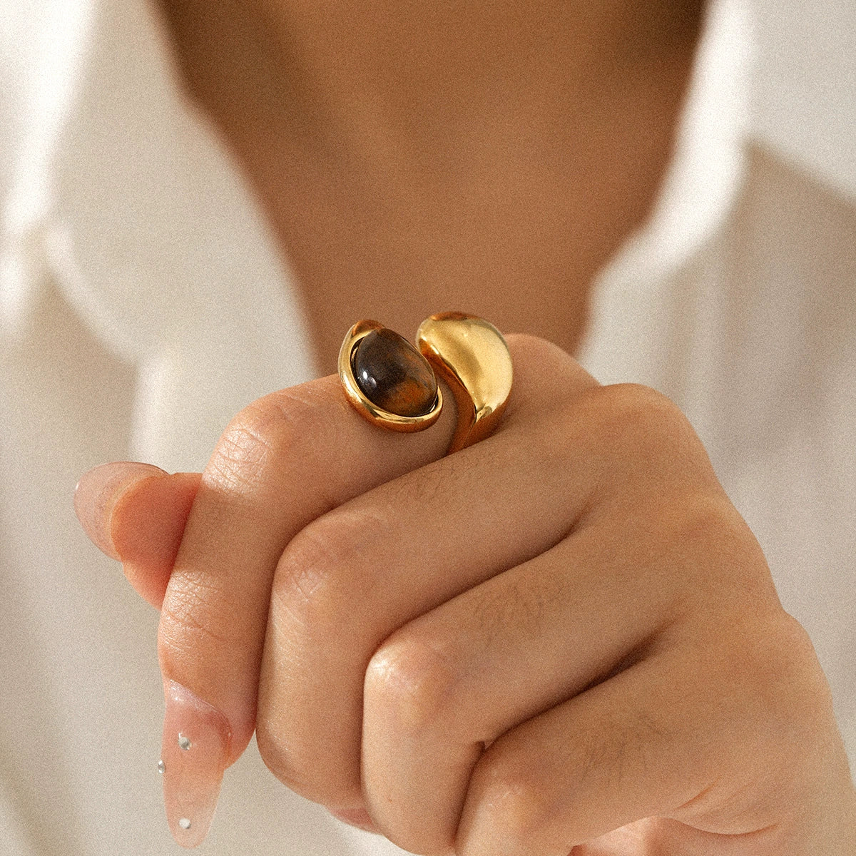Handmade Dropshaped Geometric Stainless Steel Ring Set With Tiger Eye Stone For Women