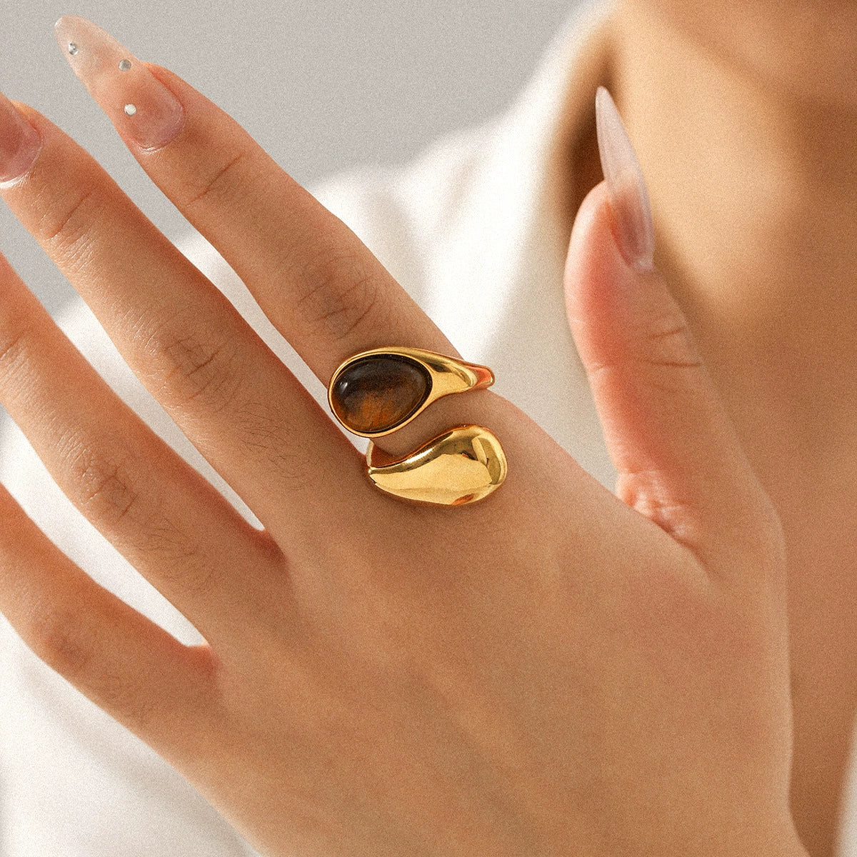 Handmade Dropshaped Geometric Stainless Steel Ring Set With Tiger Eye Stone For Women - Image 2