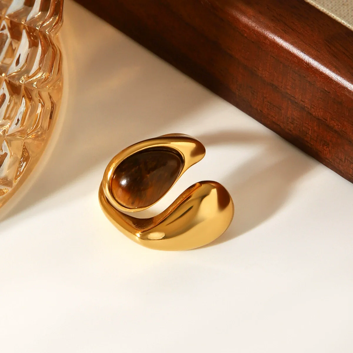 Handmade Dropshaped Geometric Stainless Steel Ring Set With Tiger Eye Stone For Women - Image 3